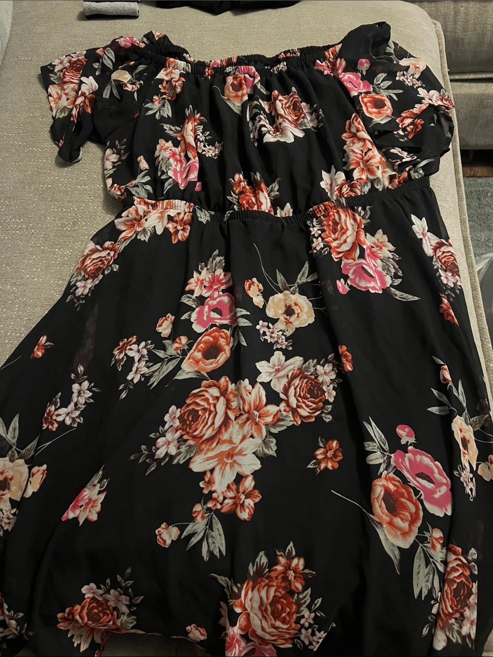 Floral Off-Shoulder Black Midi Dress with Pink & Peach Blooms